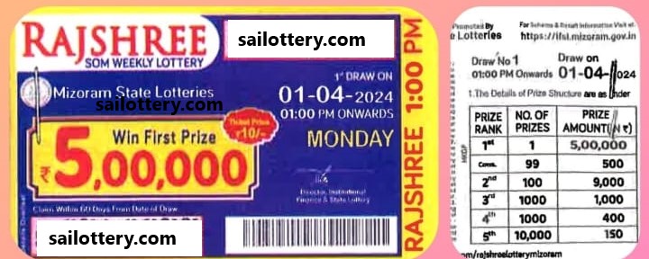 Mizoram State Rajshree Lottery 1.00 PM 25 July 2024 ( 5 Series)