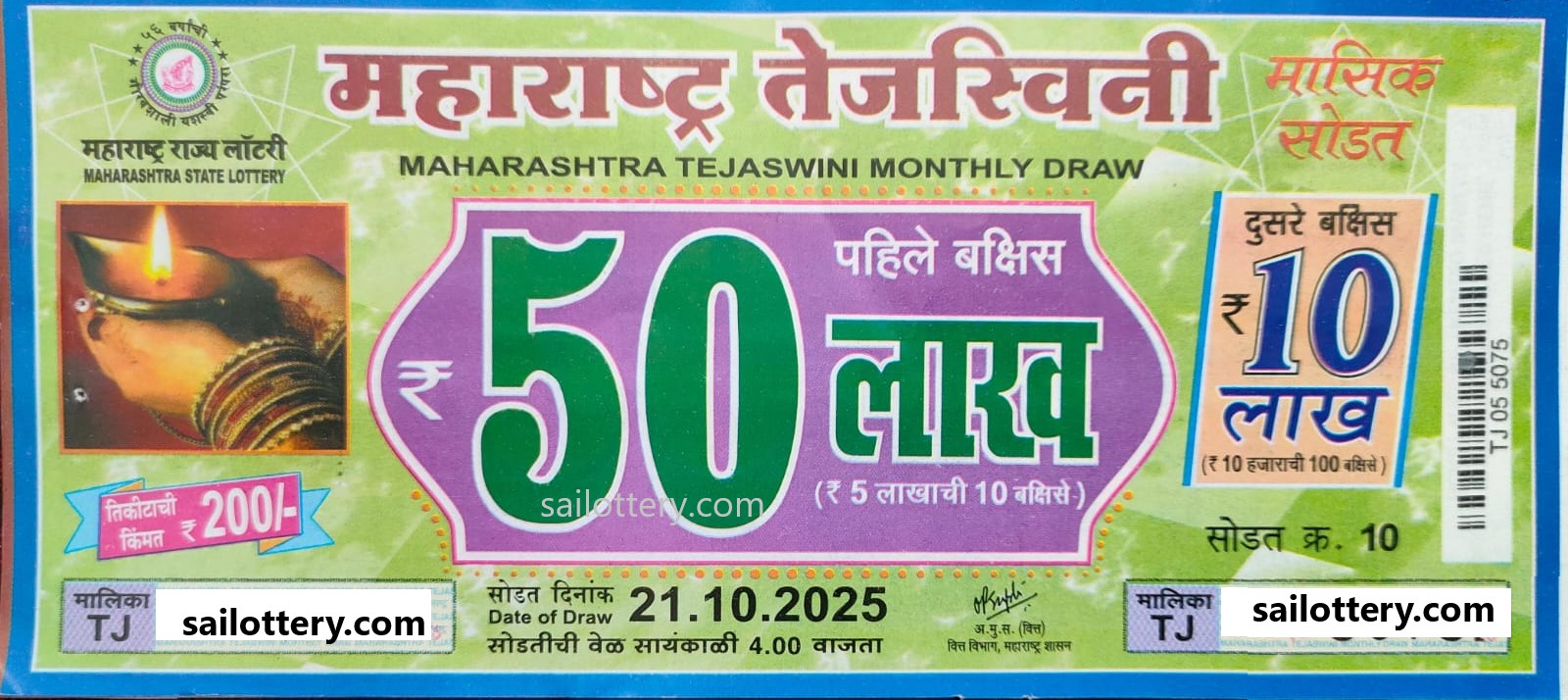 MAHARASTRA STATE TEJASWINI MONTHLY LOTTERY DRAW 4.00 PM 21 October 2025